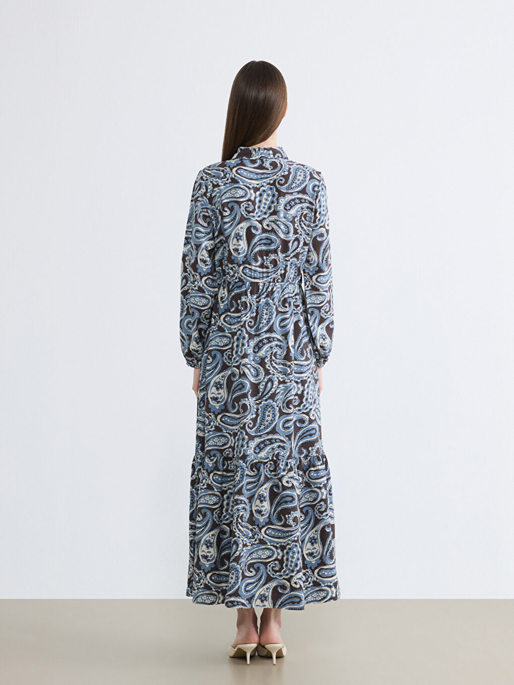 Karışık Gömlek Yaka Desenli Belden Oturtmalı Elbise-3