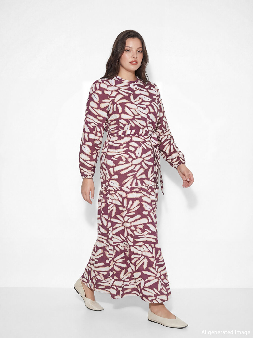 Bordo Hakim Yaka Desenli Kuşaklı Katkat Elbise-1