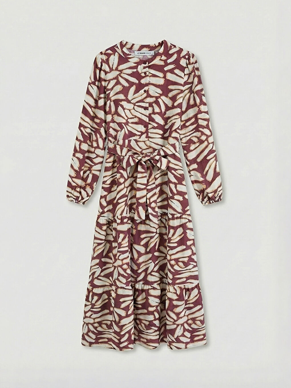 Bordo Hakim Yaka Desenli Kuşaklı Katkat Elbise-4