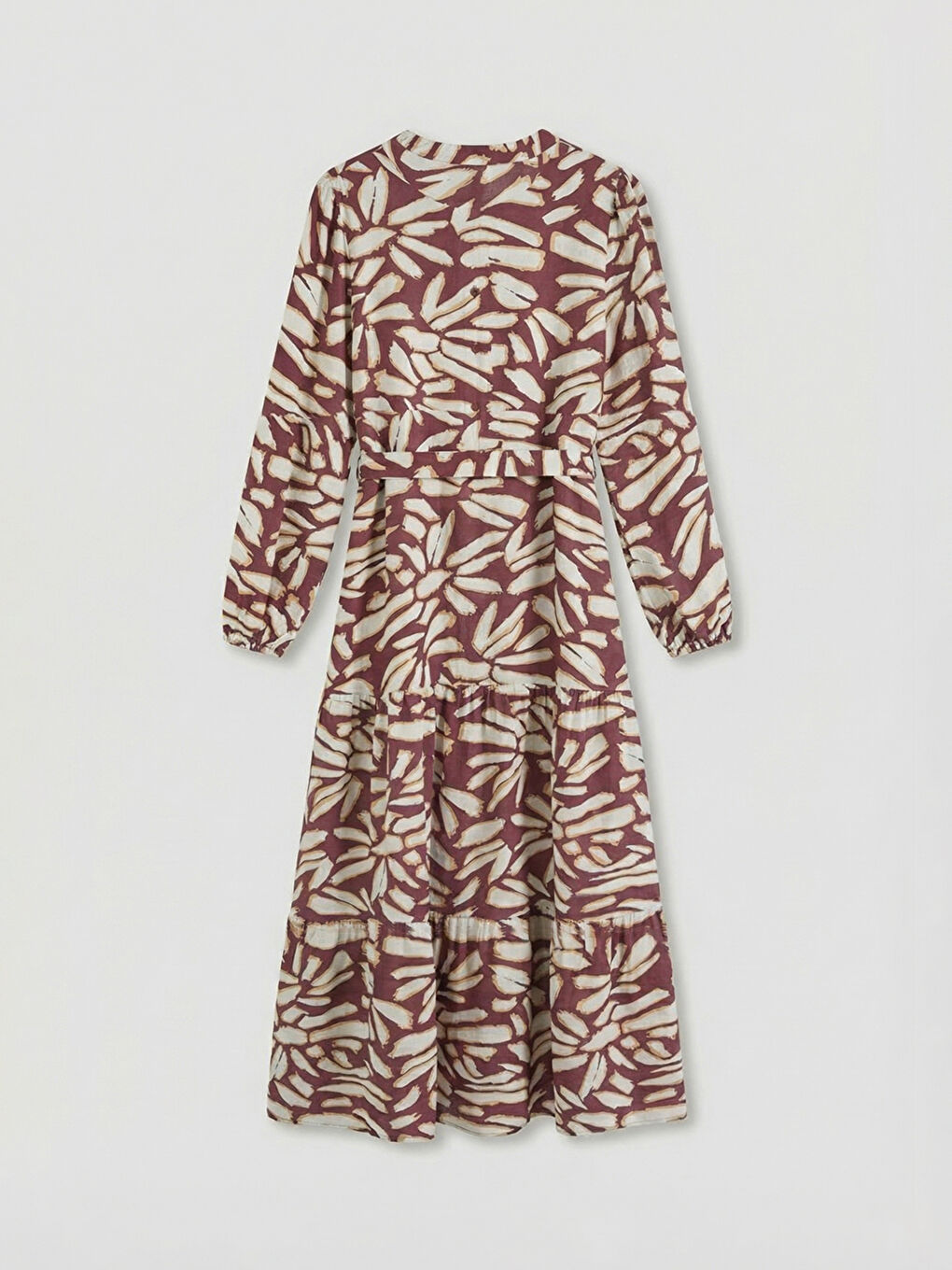 Bordo Hakim Yaka Desenli Kuşaklı Katkat Elbise-5