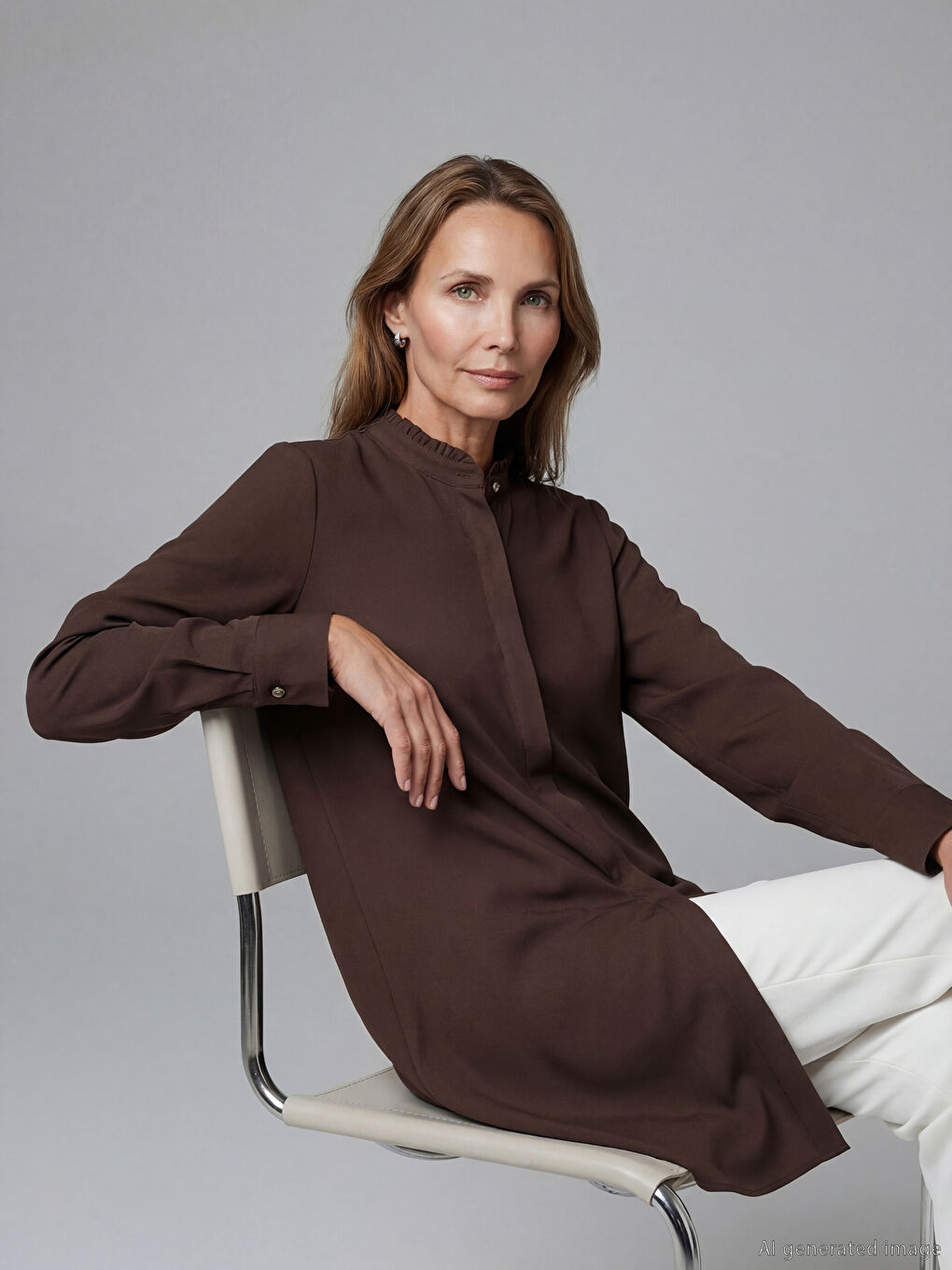 Ruffled Mandarin Collar Women's Tunic Shirt