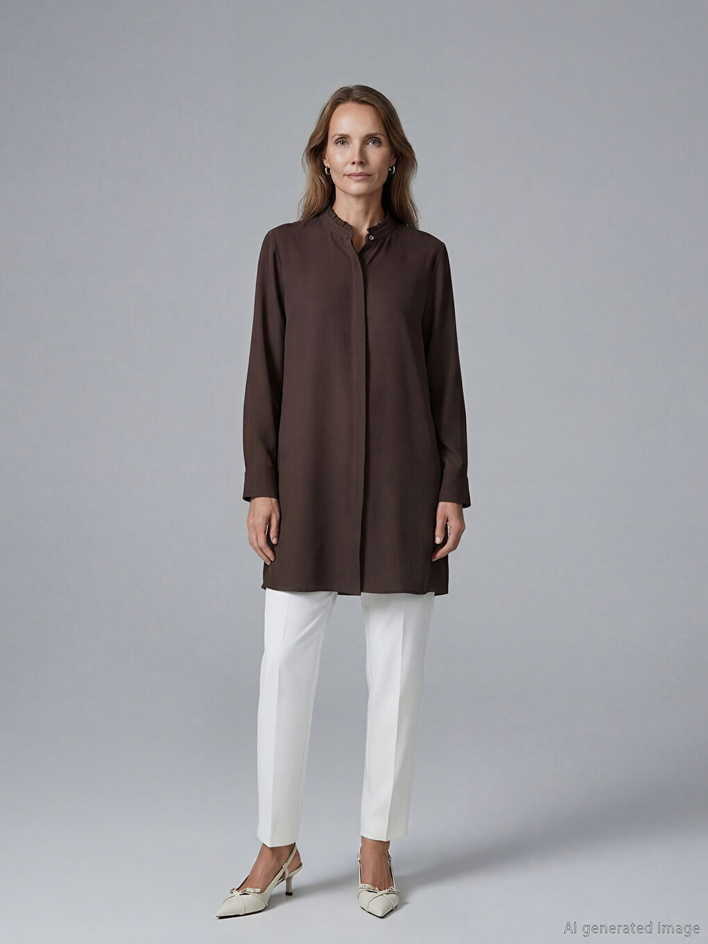 Ruffled Mandarin Collar Women's Tunic Shirt-1