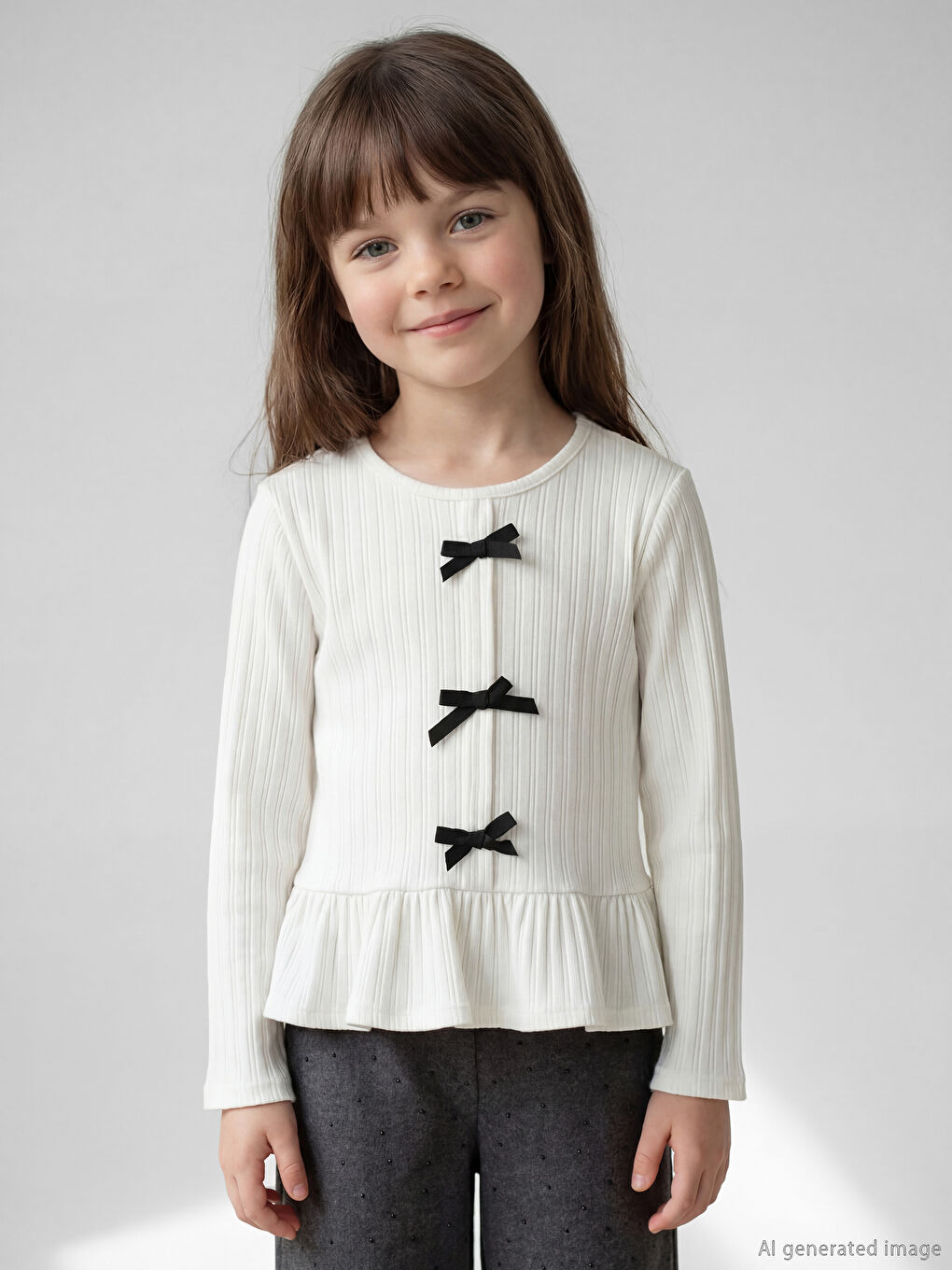 Crew Neck Bow Girls' Ribbed Fabric T-Shirt