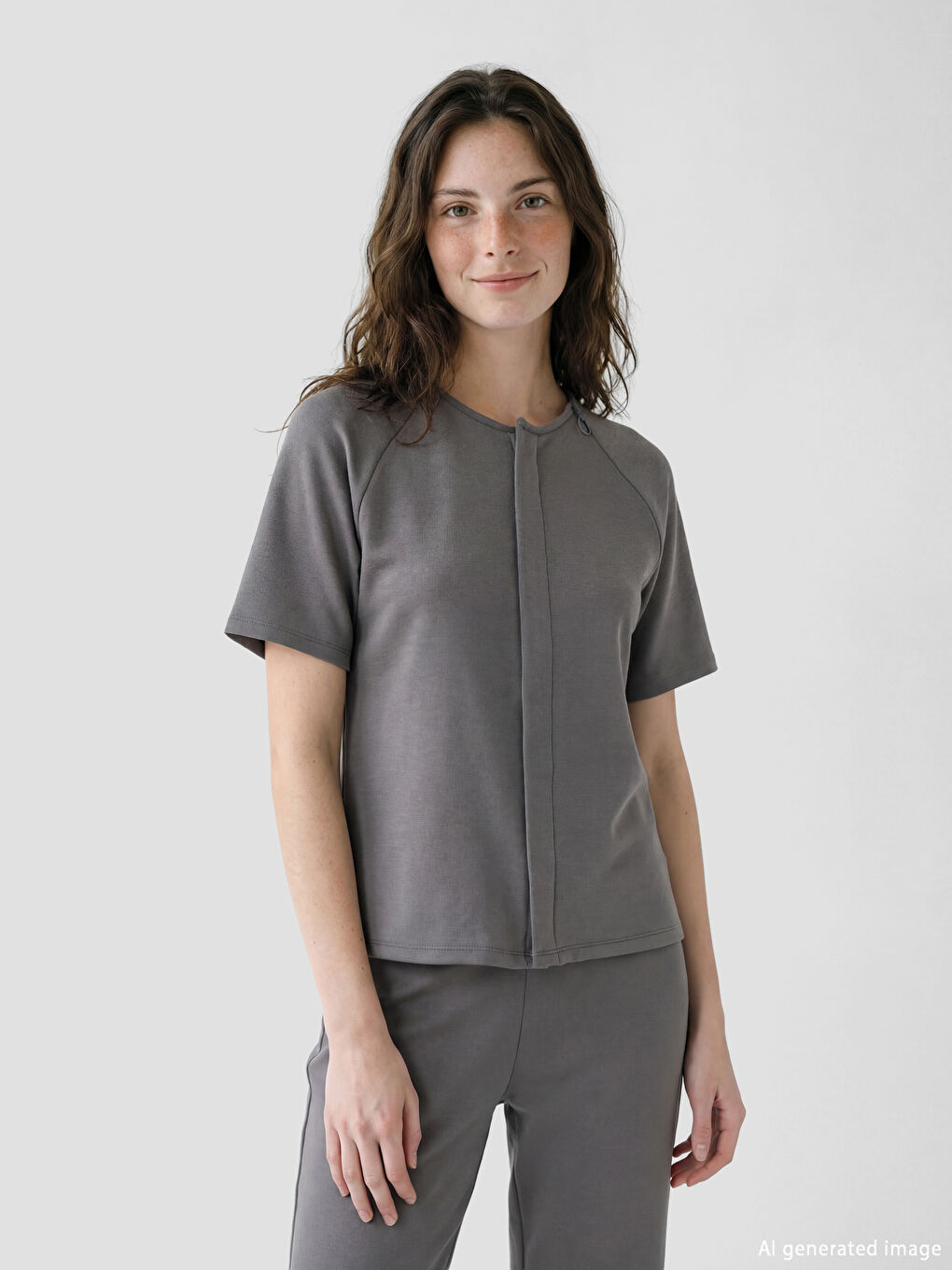 Antrasit Kolay Giyilebilir Önden Çıtçıtlı Kadın Tişört