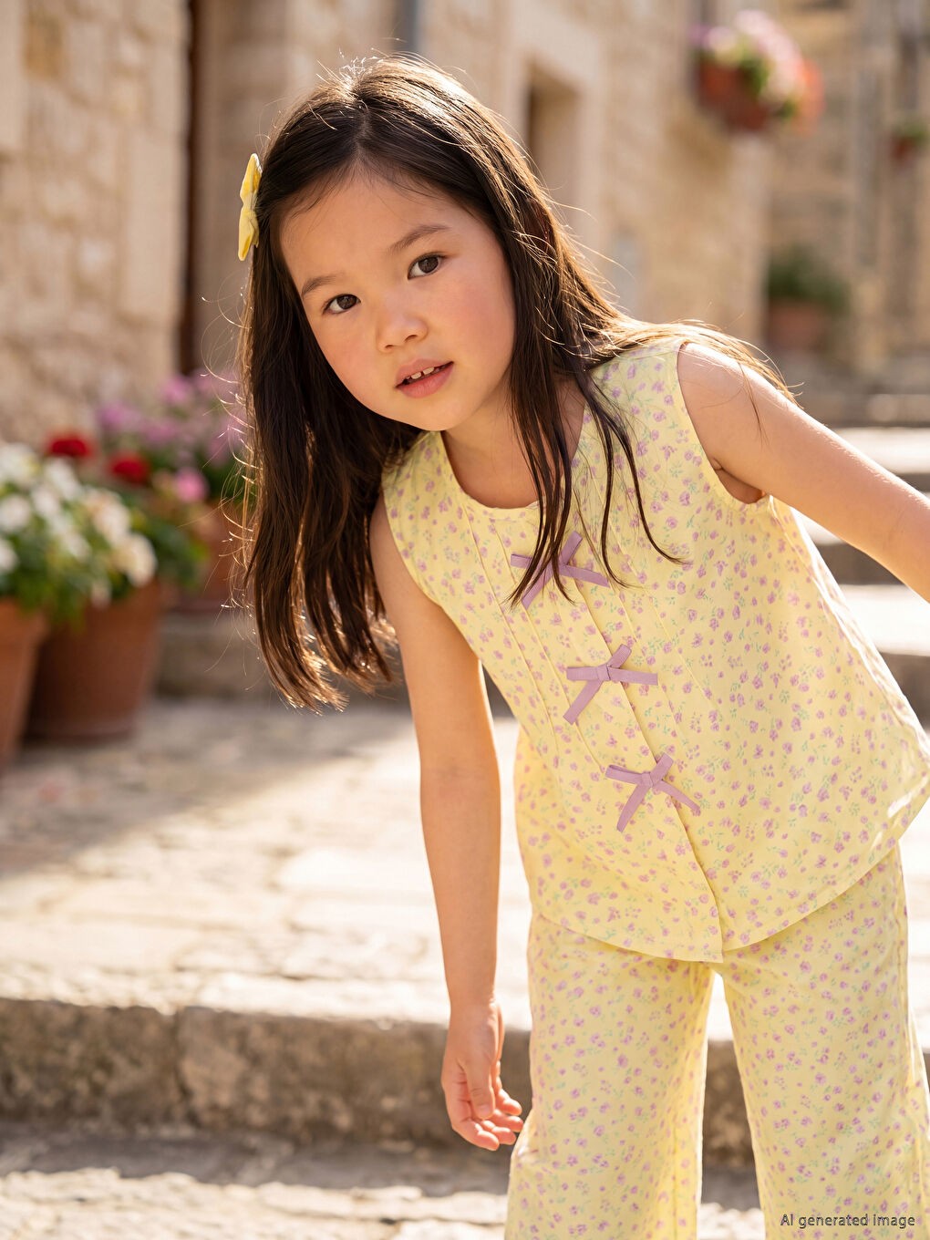 Bow Detailed Floral Printed Girls' Set