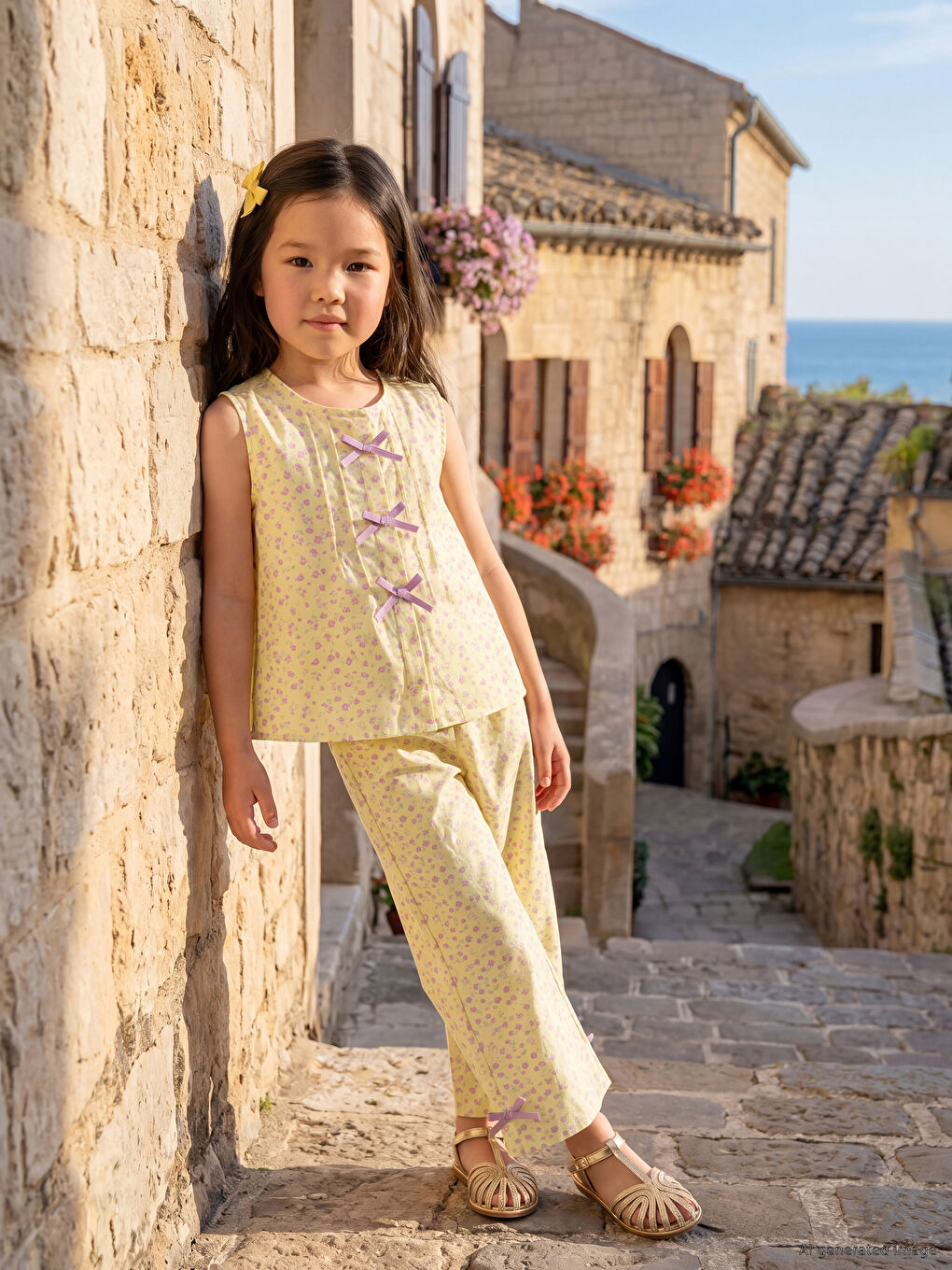 Bow Detailed Floral Printed Girls' Set-1