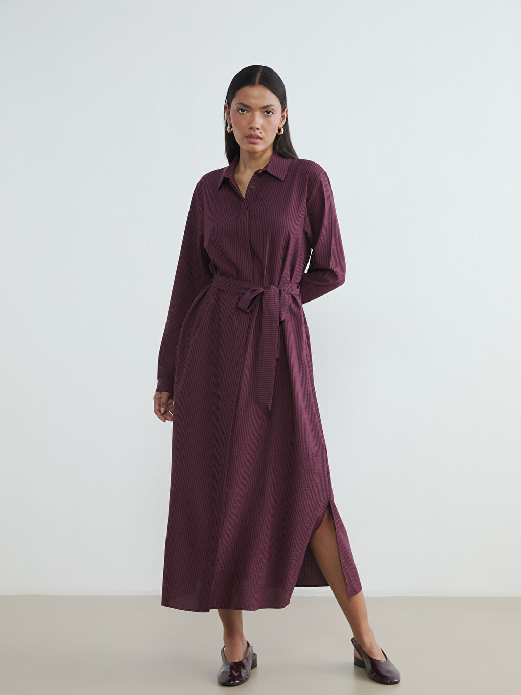 Bordo Çizgili Kuşaklı Gömlek Elbise