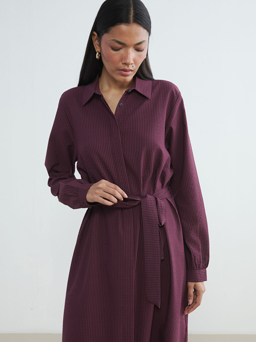 Bordo Çizgili Kuşaklı Gömlek Elbise-1