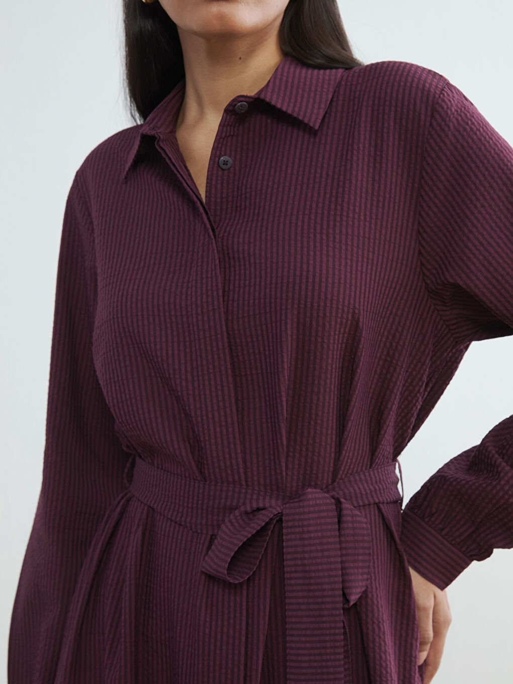 Bordo Çizgili Kuşaklı Gömlek Elbise-2