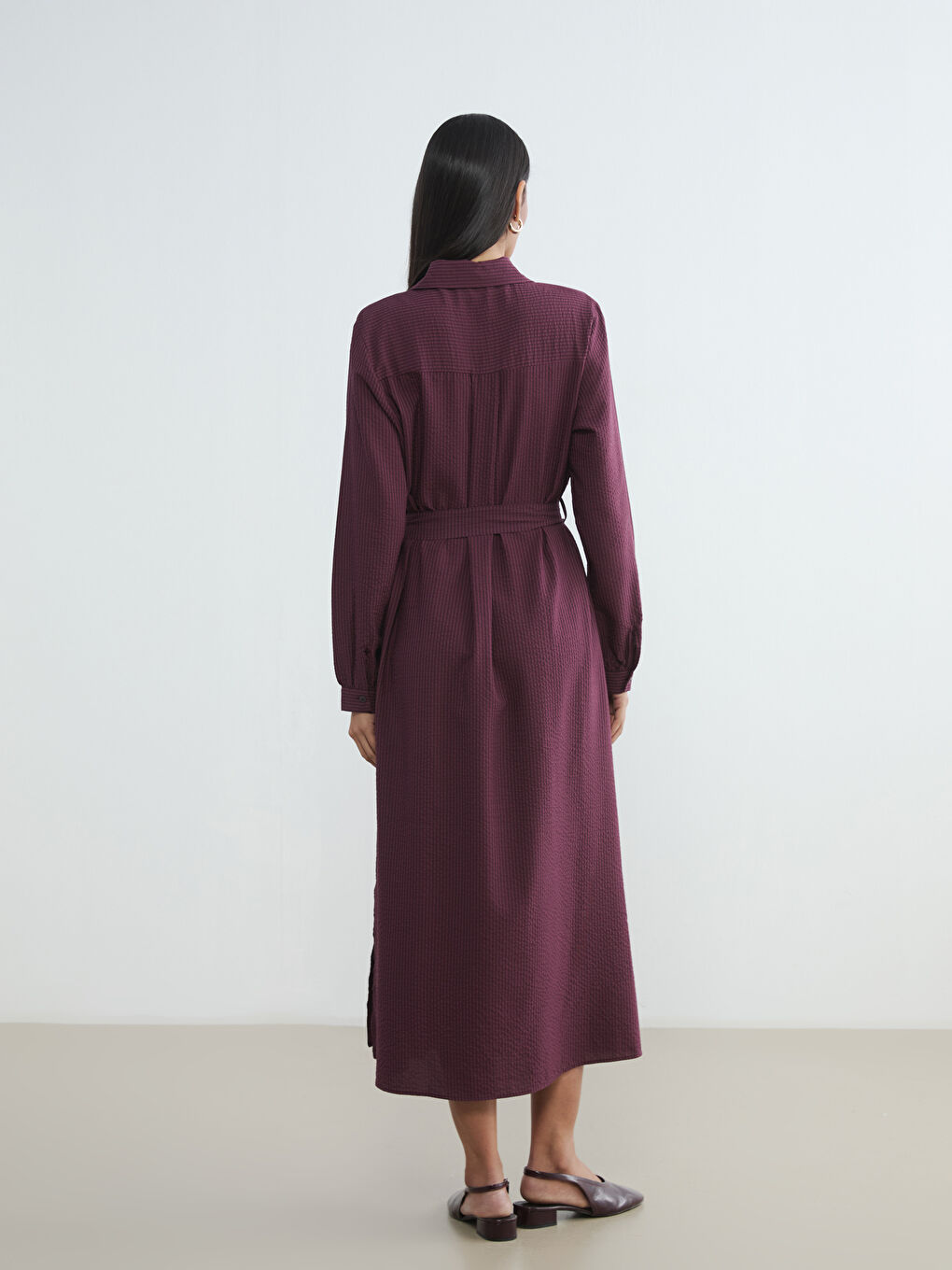 Bordo Çizgili Kuşaklı Gömlek Elbise-3