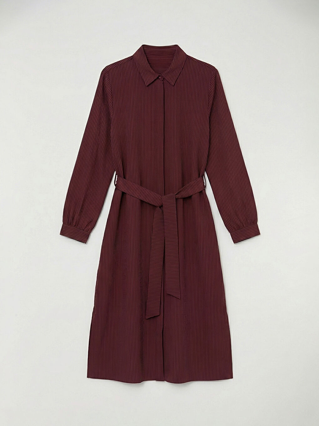 Bordo Çizgili Kuşaklı Gömlek Elbise-4