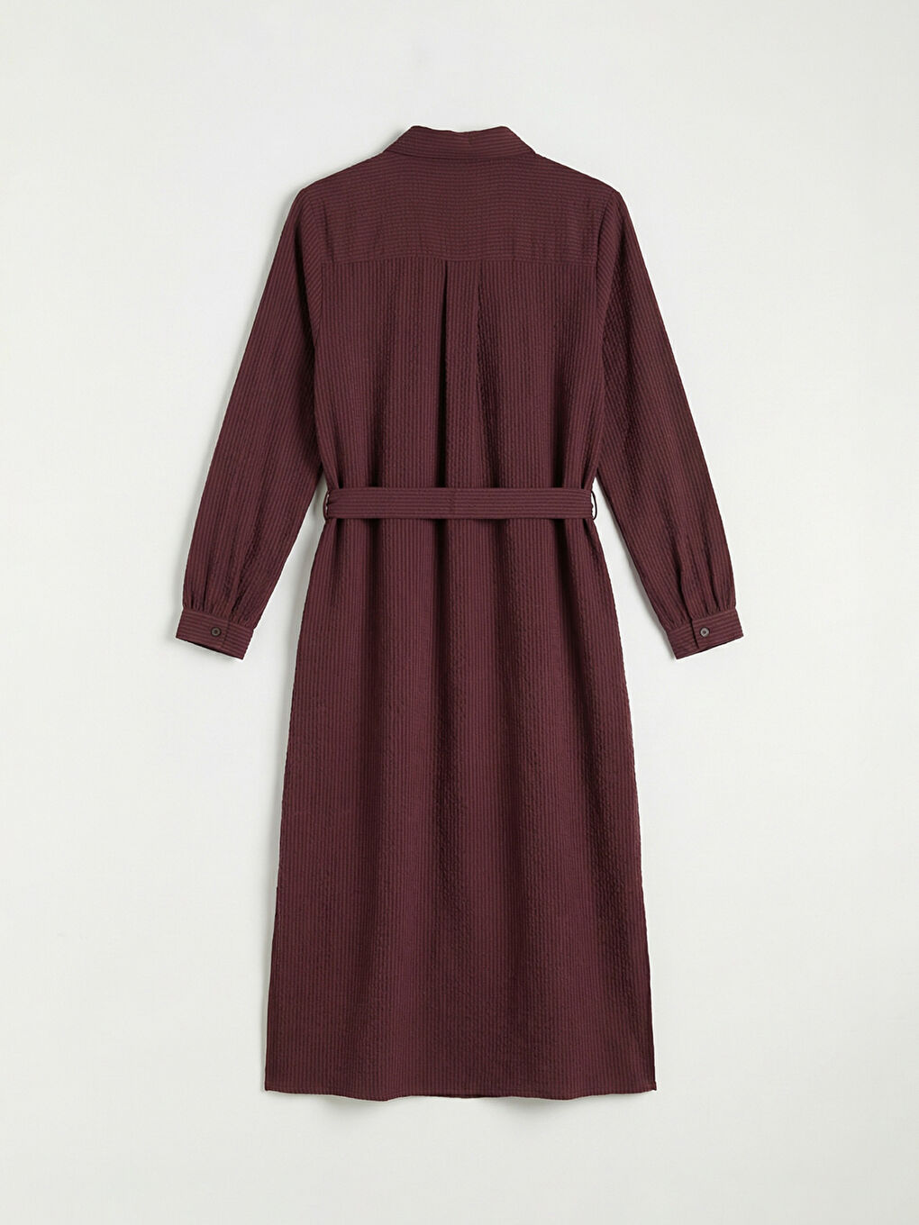 Bordo Çizgili Kuşaklı Gömlek Elbise-5