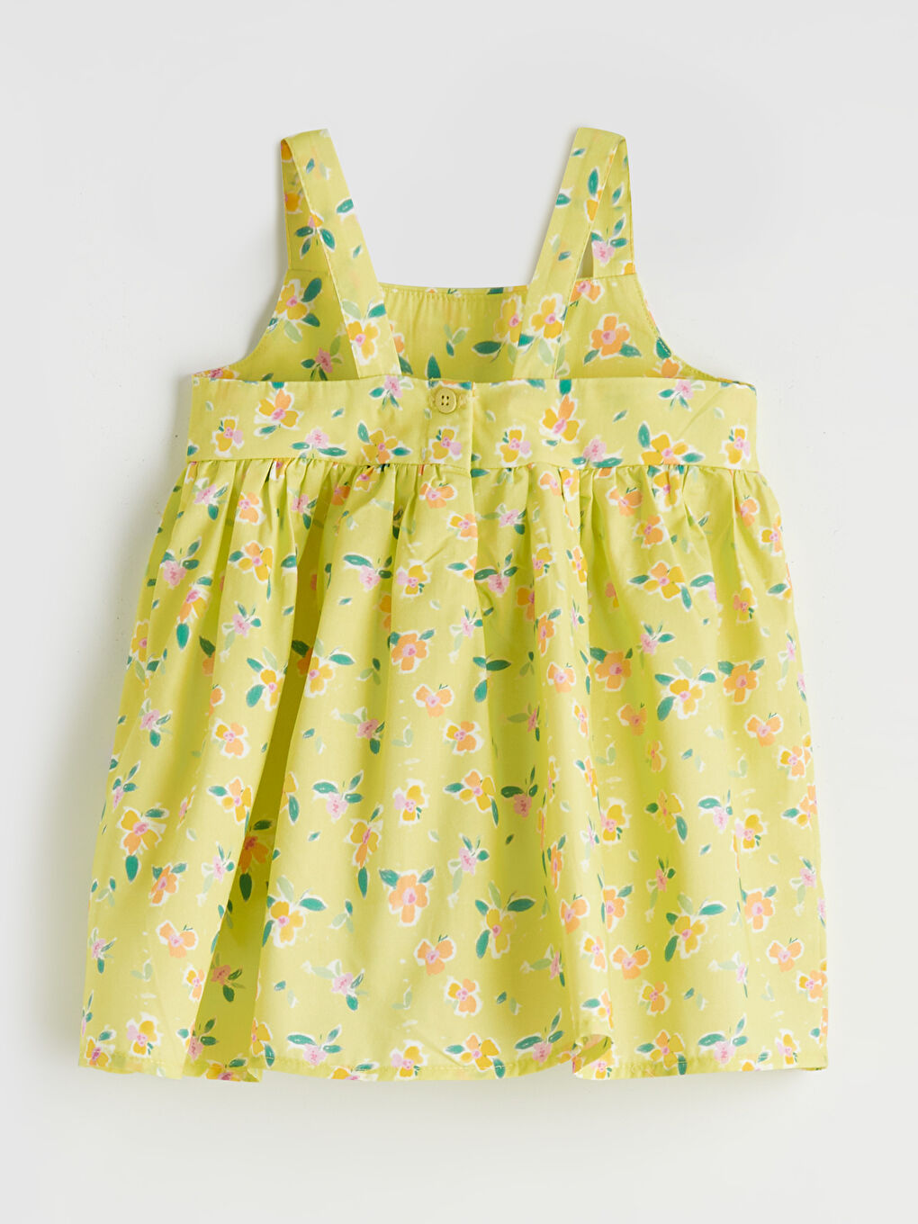 Sarı Kare Yaka Çiçek Desenli Kız Çocuk Poplin Elbise-1