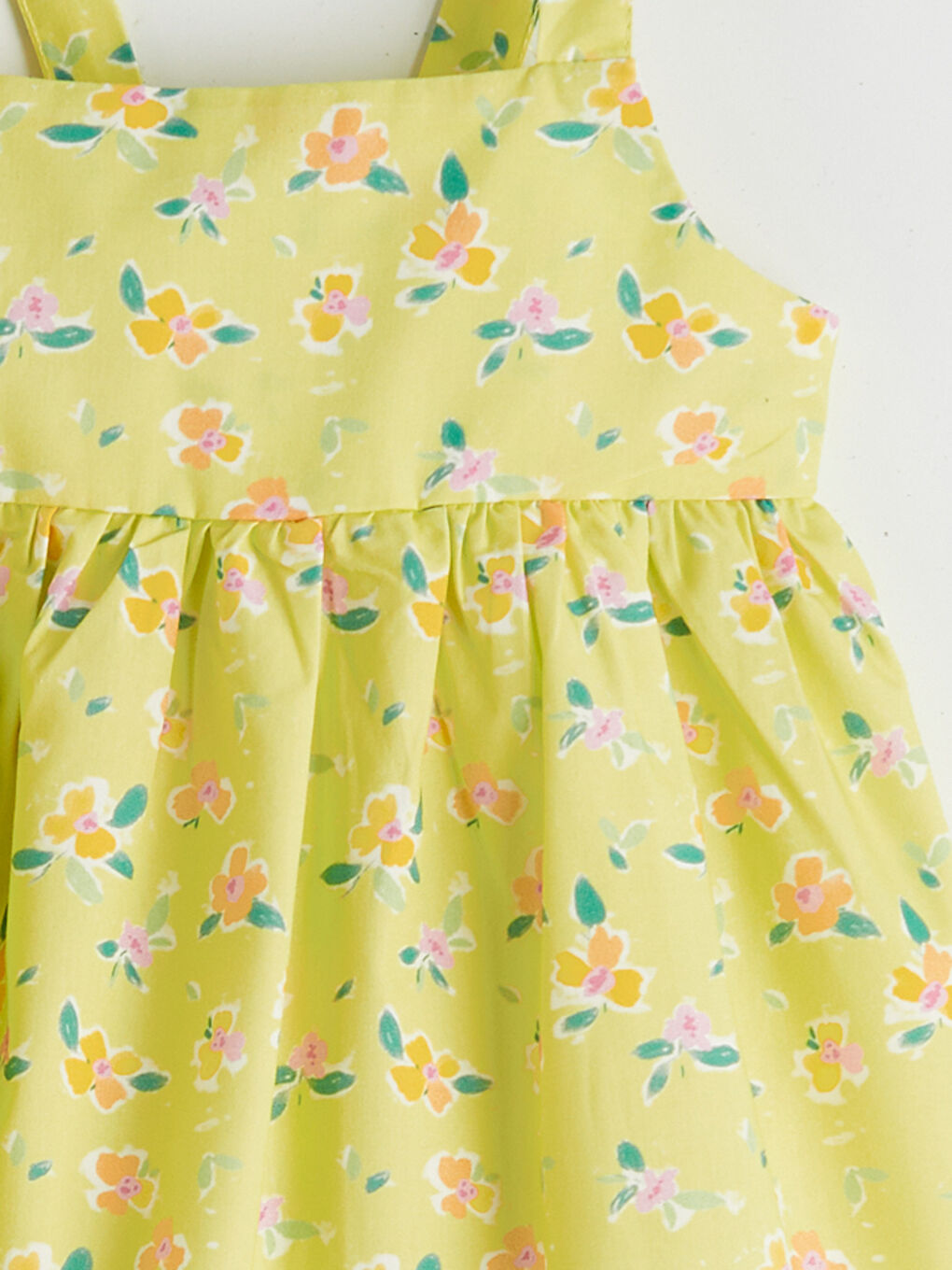 Sarı Kare Yaka Çiçek Desenli Kız Çocuk Poplin Elbise-2