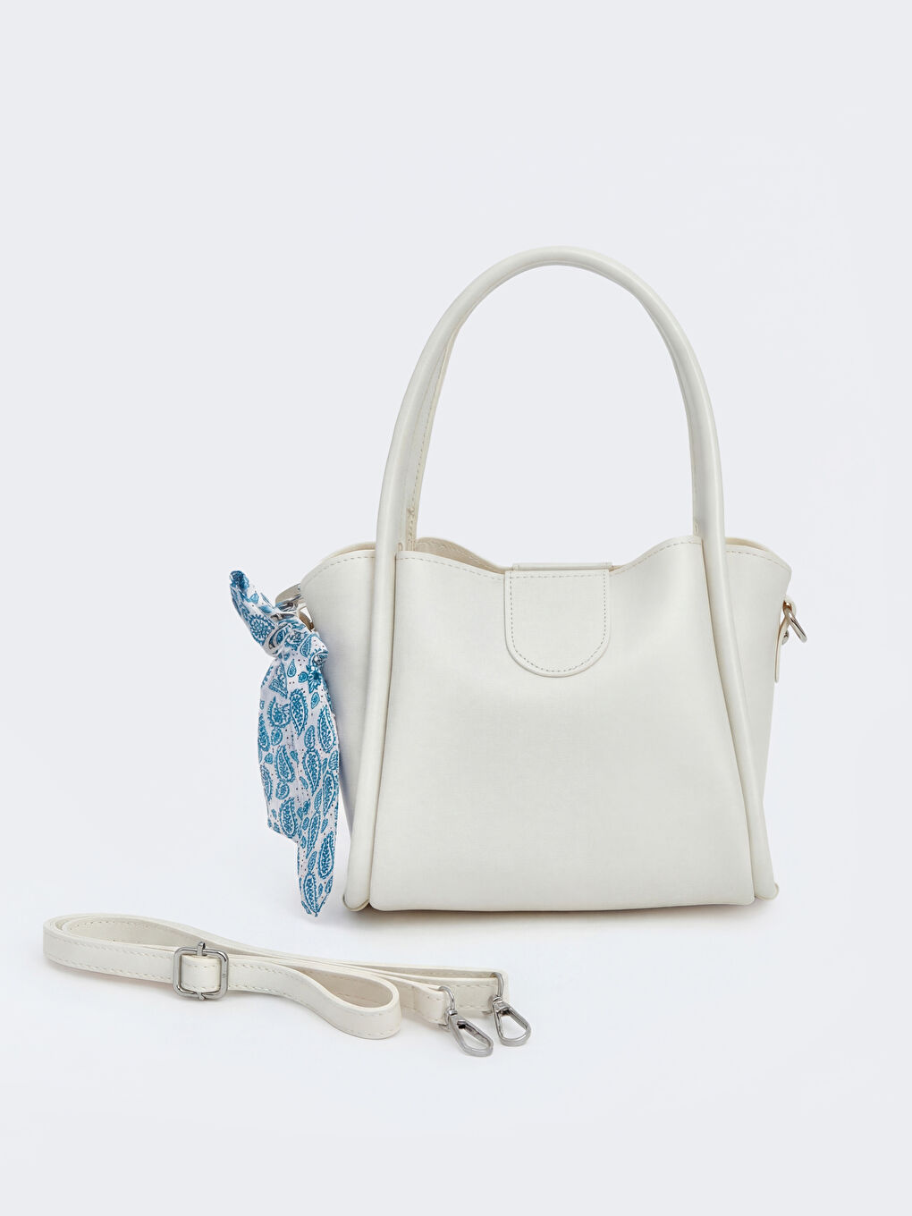 Bej Fular Aksesuarlı Deri Görünümlü Kadın Omuz Çantası	-1