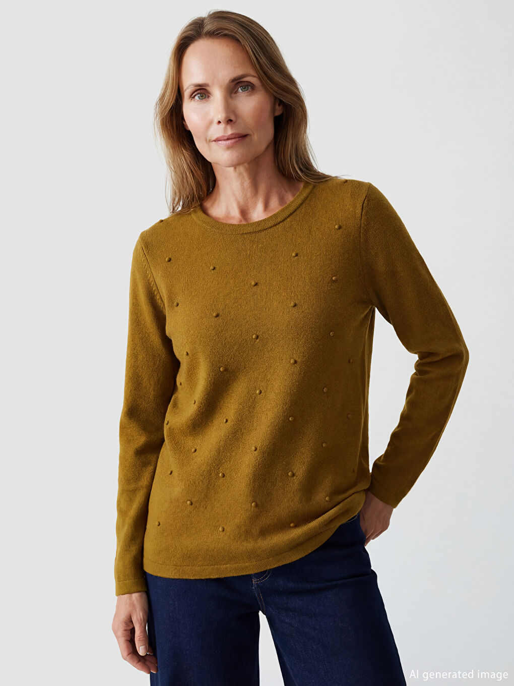 Women's Crew Neck Self-Patterned Knitted Sweater