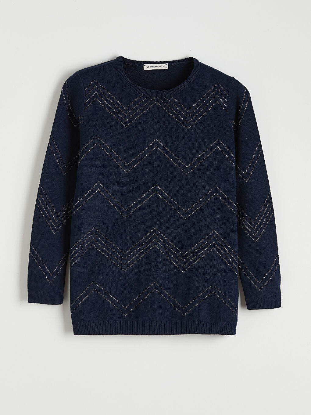 Lacivert Bisiklet Yaka Desenli Kadın Triko Kazak