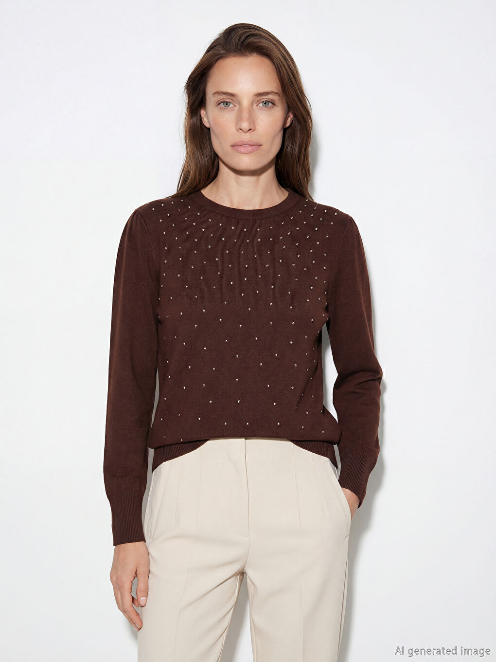 Kahverengi Bisiklet Yaka Taşlı Kadın Triko Kazak