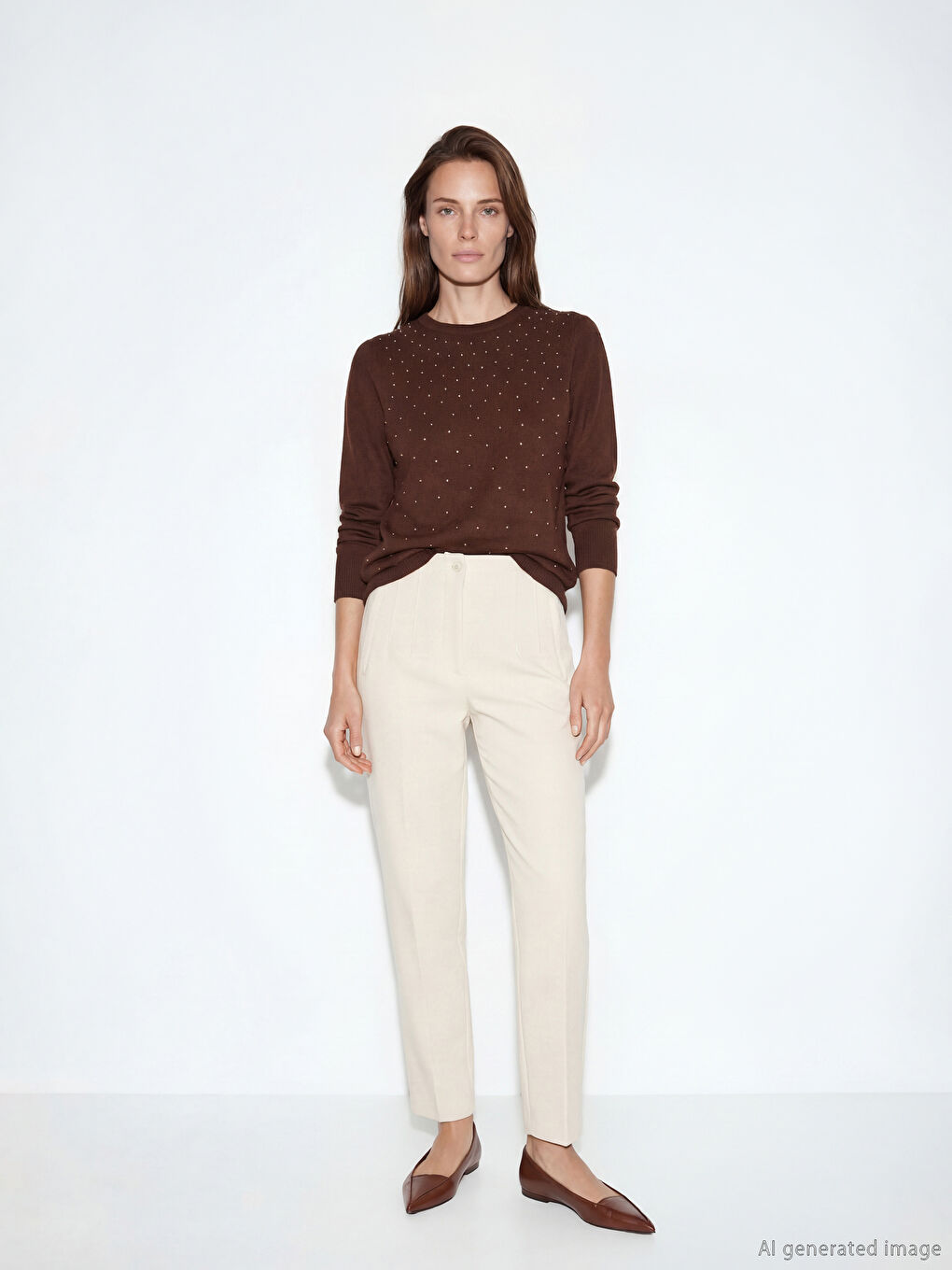 Kahverengi Bisiklet Yaka Taşlı Kadın Triko Kazak-1