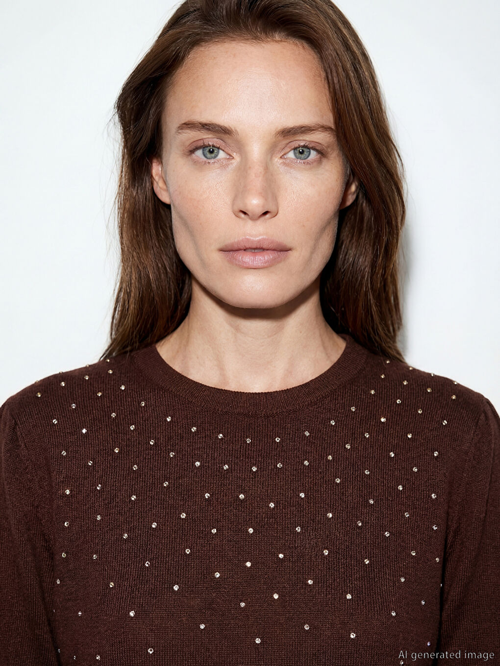 Kahverengi Bisiklet Yaka Taşlı Kadın Triko Kazak-2