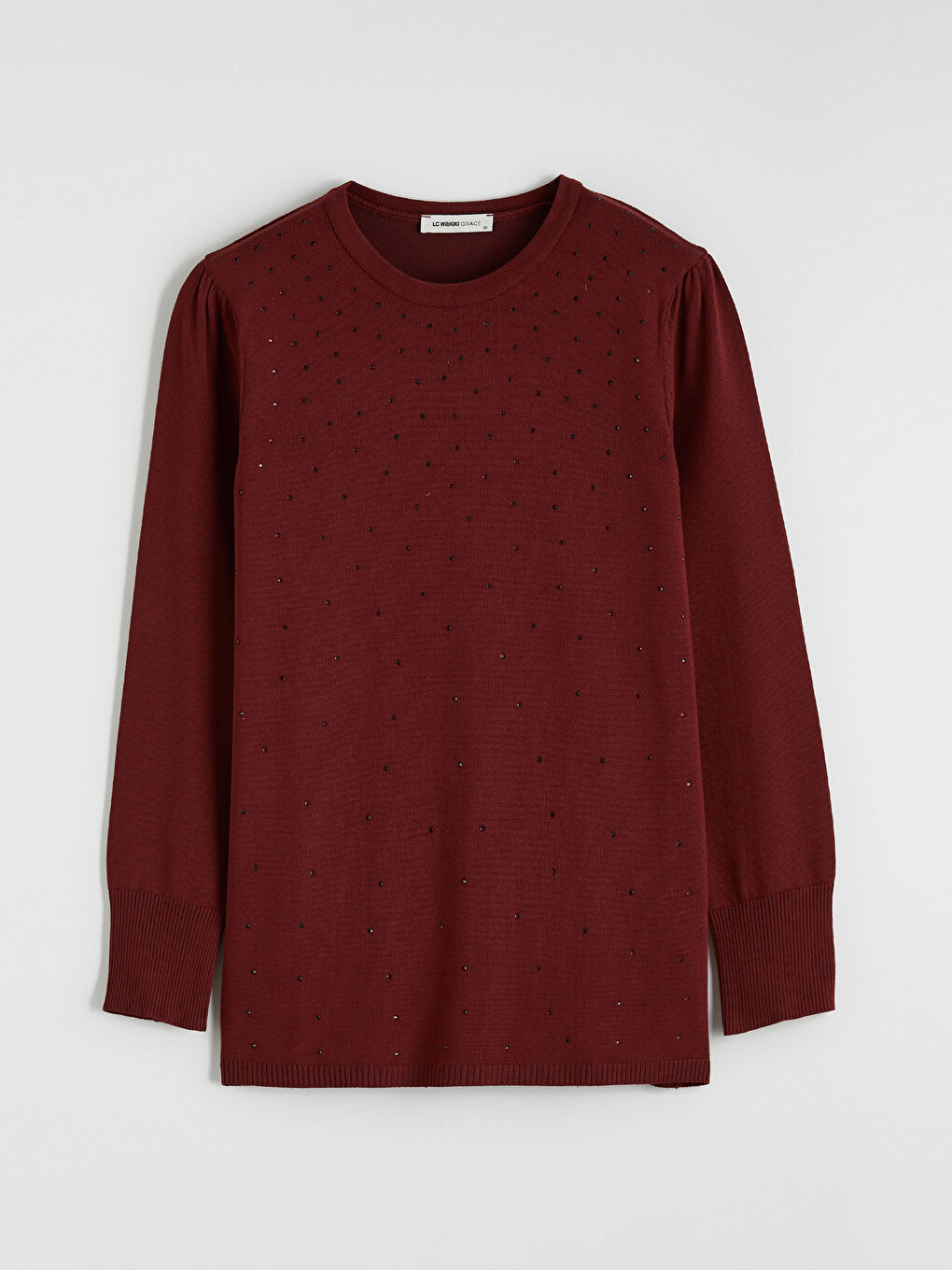 Bordo Bisiklet Yaka Taşlı Kadın Triko Kazak