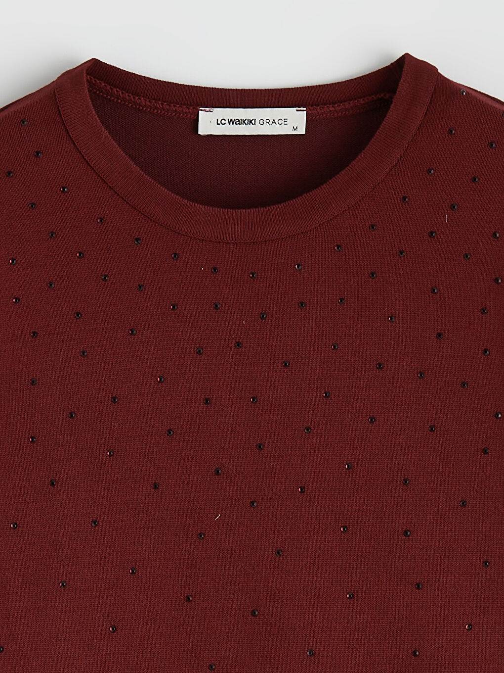 Bordo Bisiklet Yaka Taşlı Kadın Triko Kazak-1