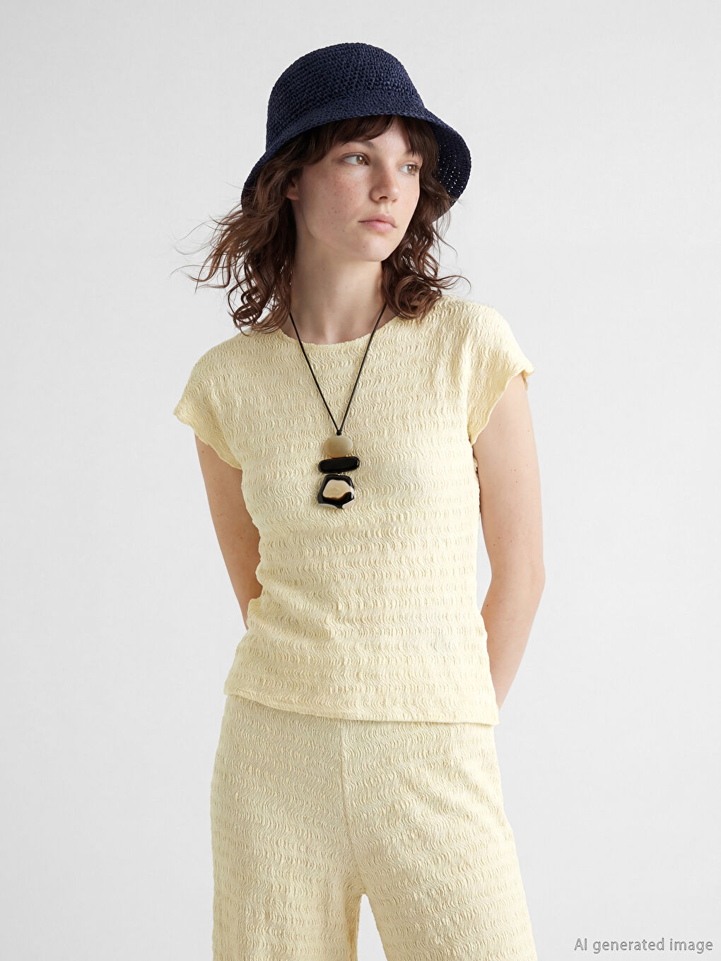 Sarı Bisiklet Yaka Gofre Bluz	