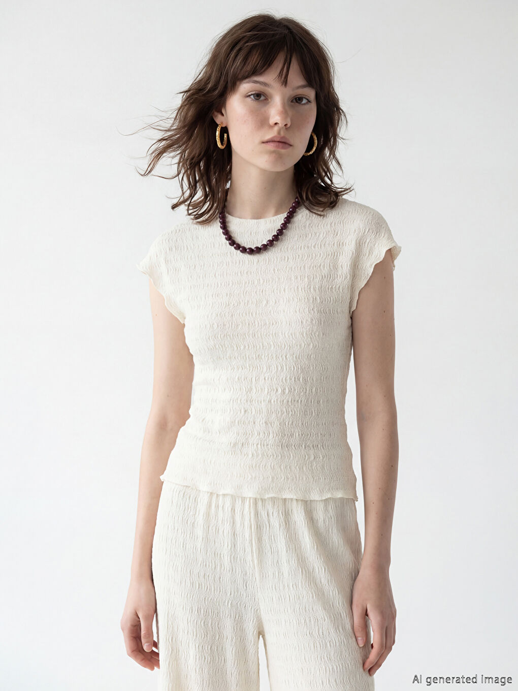 Bej Bisiklet Yaka Gofre Bluz