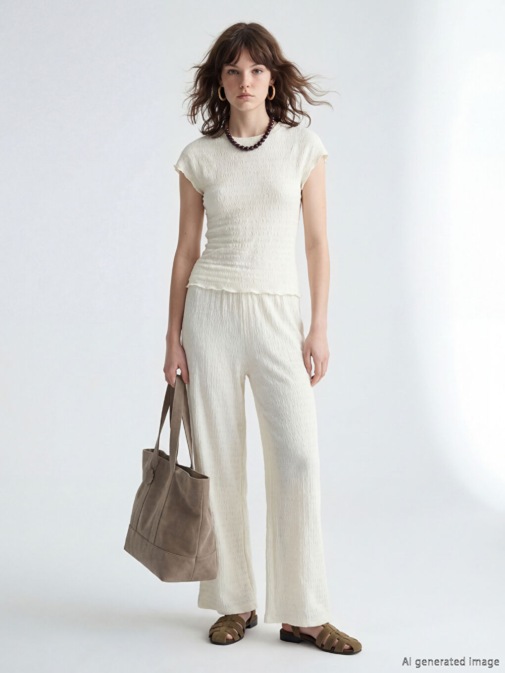 Bej Bisiklet Yaka Gofre Bluz-1