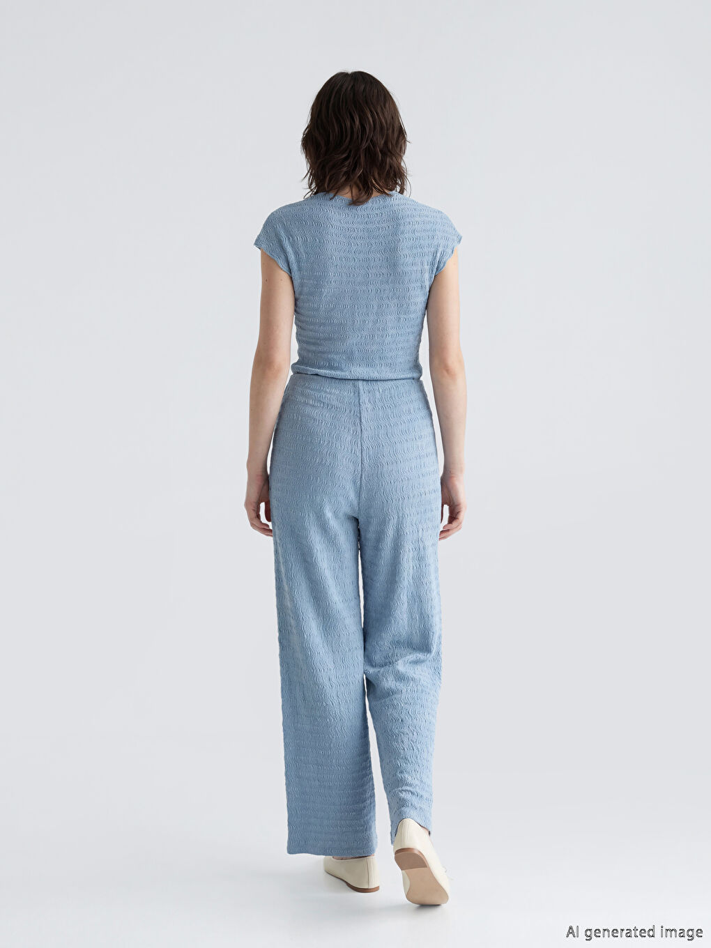 İndigo Beli Lastikli Dokulu Kadın Pantolon-3