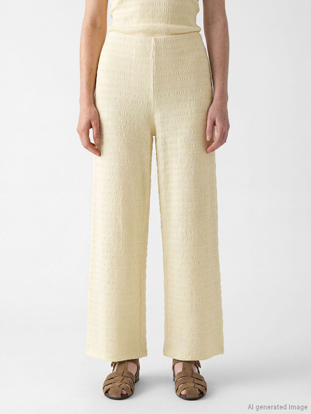 Sarı Beli Lastikli Dokulu Kadın Pantolon-1