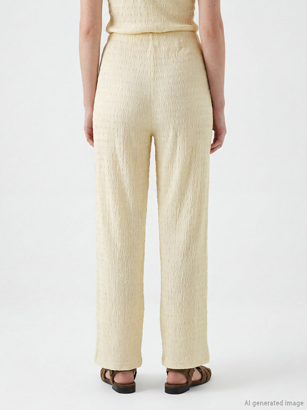 Sarı Beli Lastikli Dokulu Kadın Pantolon-3