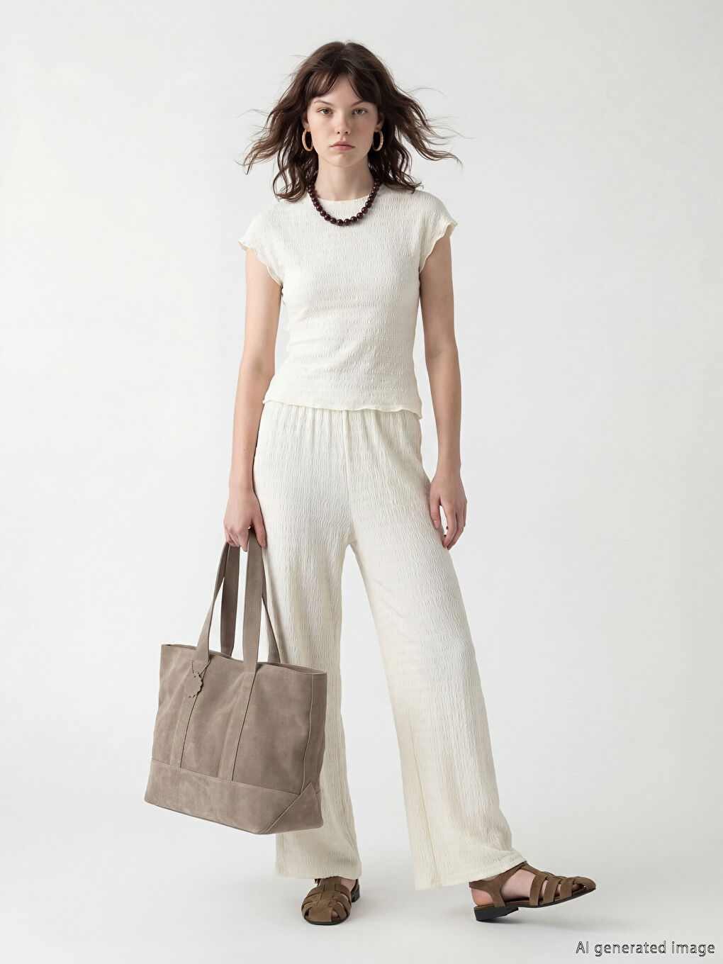 Bej Beli Lastikli Dokulu Kadın Pantolon