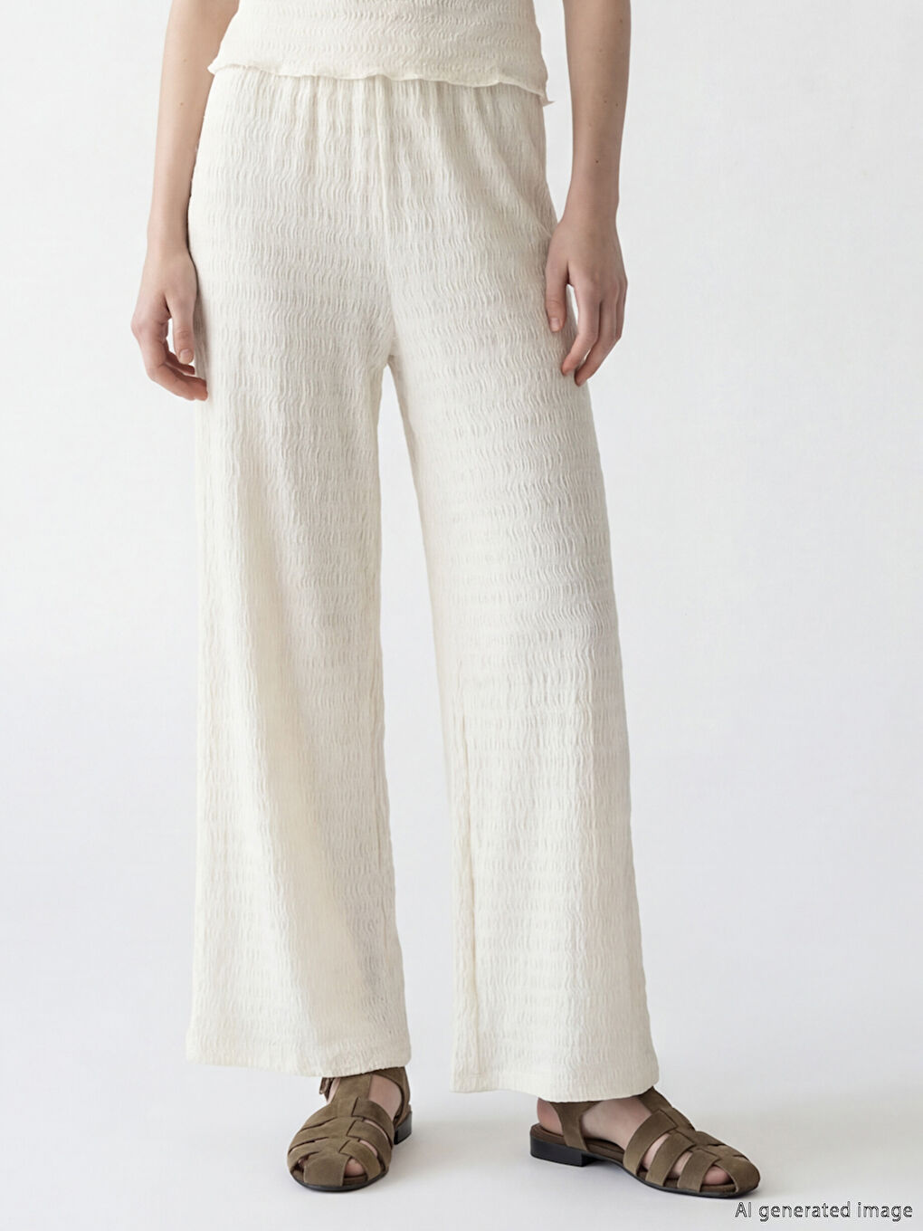 Bej Beli Lastikli Dokulu Kadın Pantolon-1