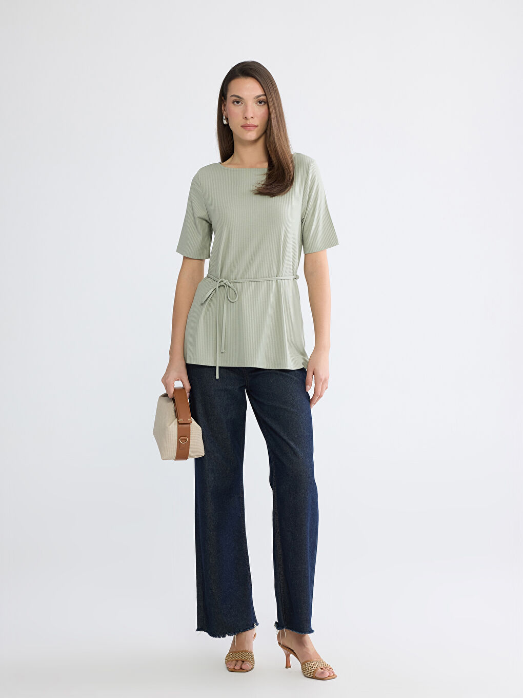 Yeşil Bisiklet Yaka Çizgili Kuşaklı Bluz-1