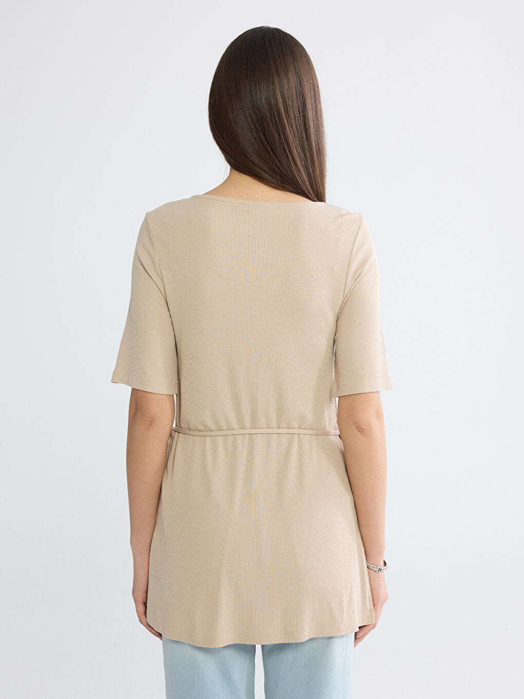 Bej Bisiklet Yaka Bağlama Detaylı Bluz-3