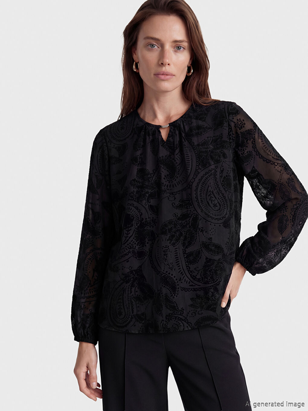 Siyah Bisiklet Yaka Desenli Bluz