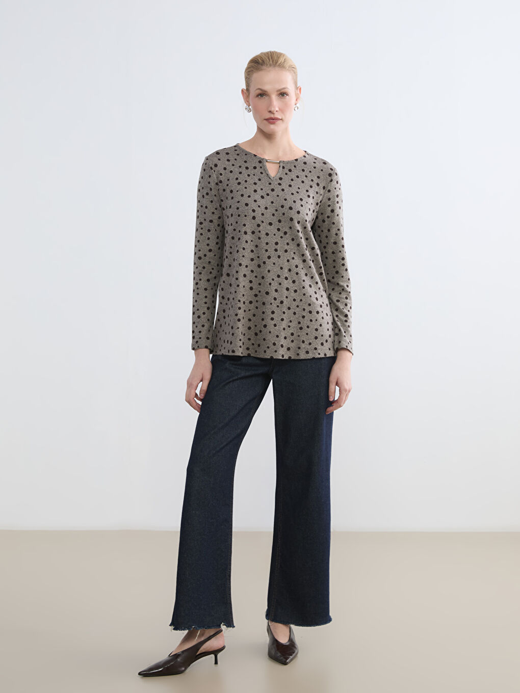 Polka Dot Crew Neck Blouse-1