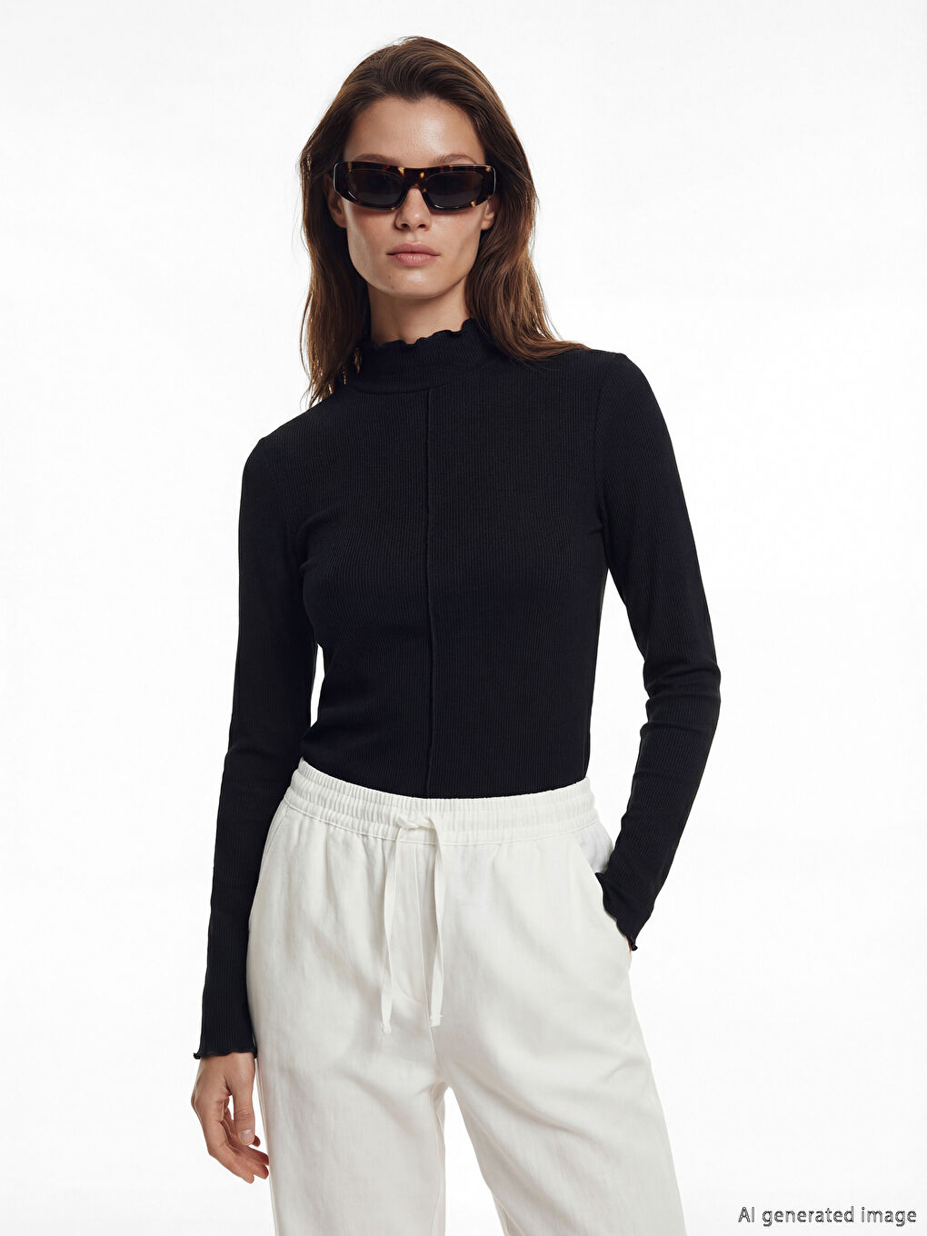 Siyah Fırfırlı Dik Yaka Kadın Body