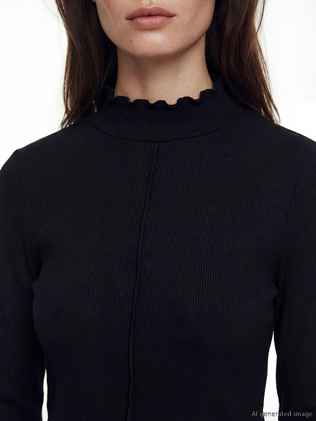 Siyah Fırfırlı Dik Yaka Kadın Body-2