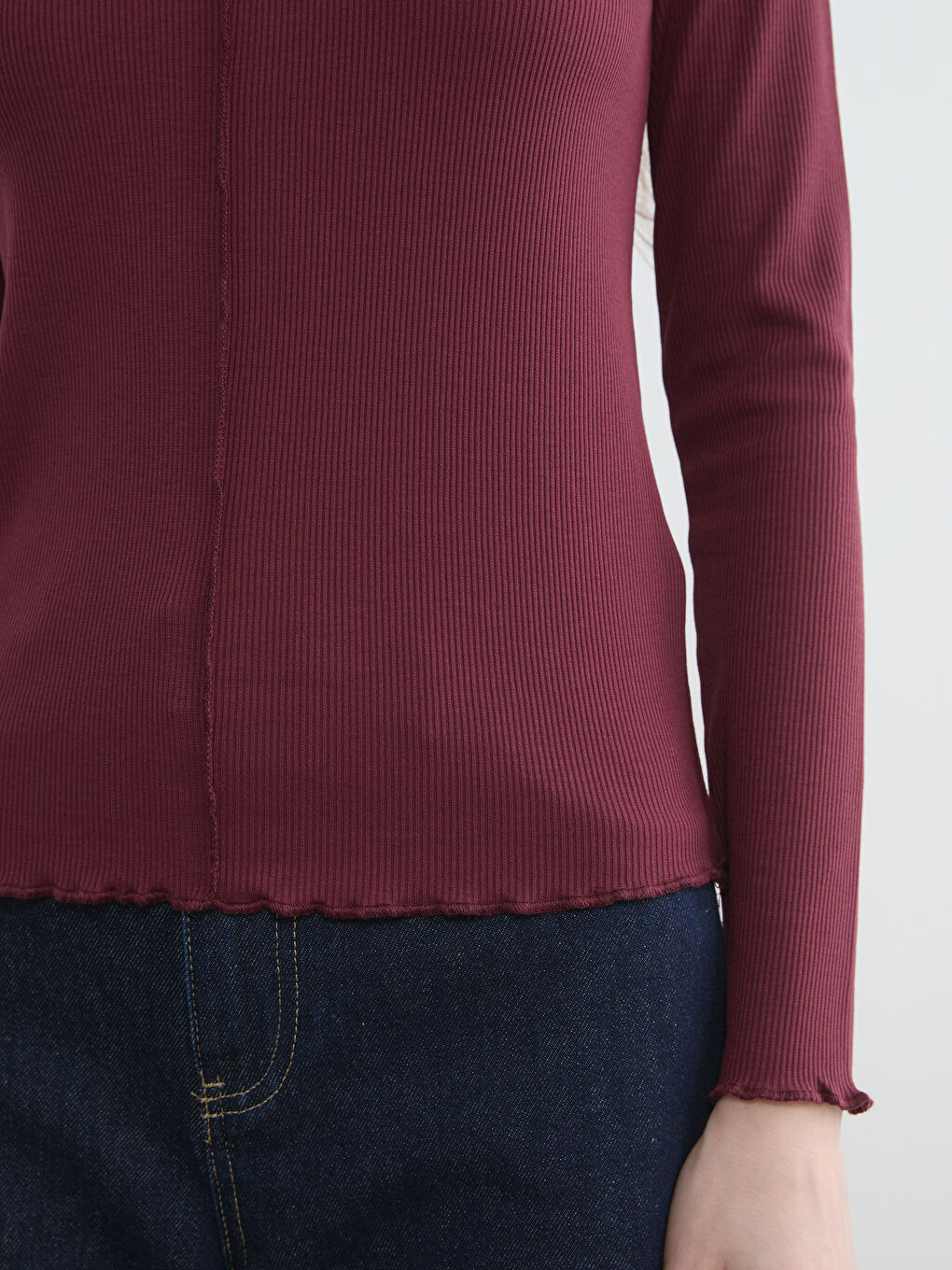 Bordo Fırfırlı Dik Yaka Kadın Body-2