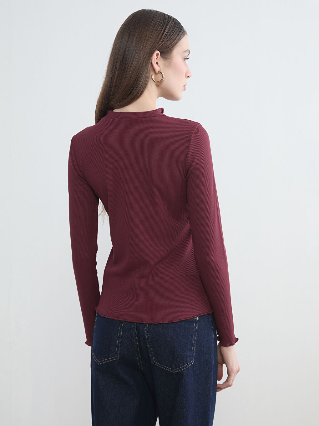 Bordo Fırfırlı Dik Yaka Kadın Body-3