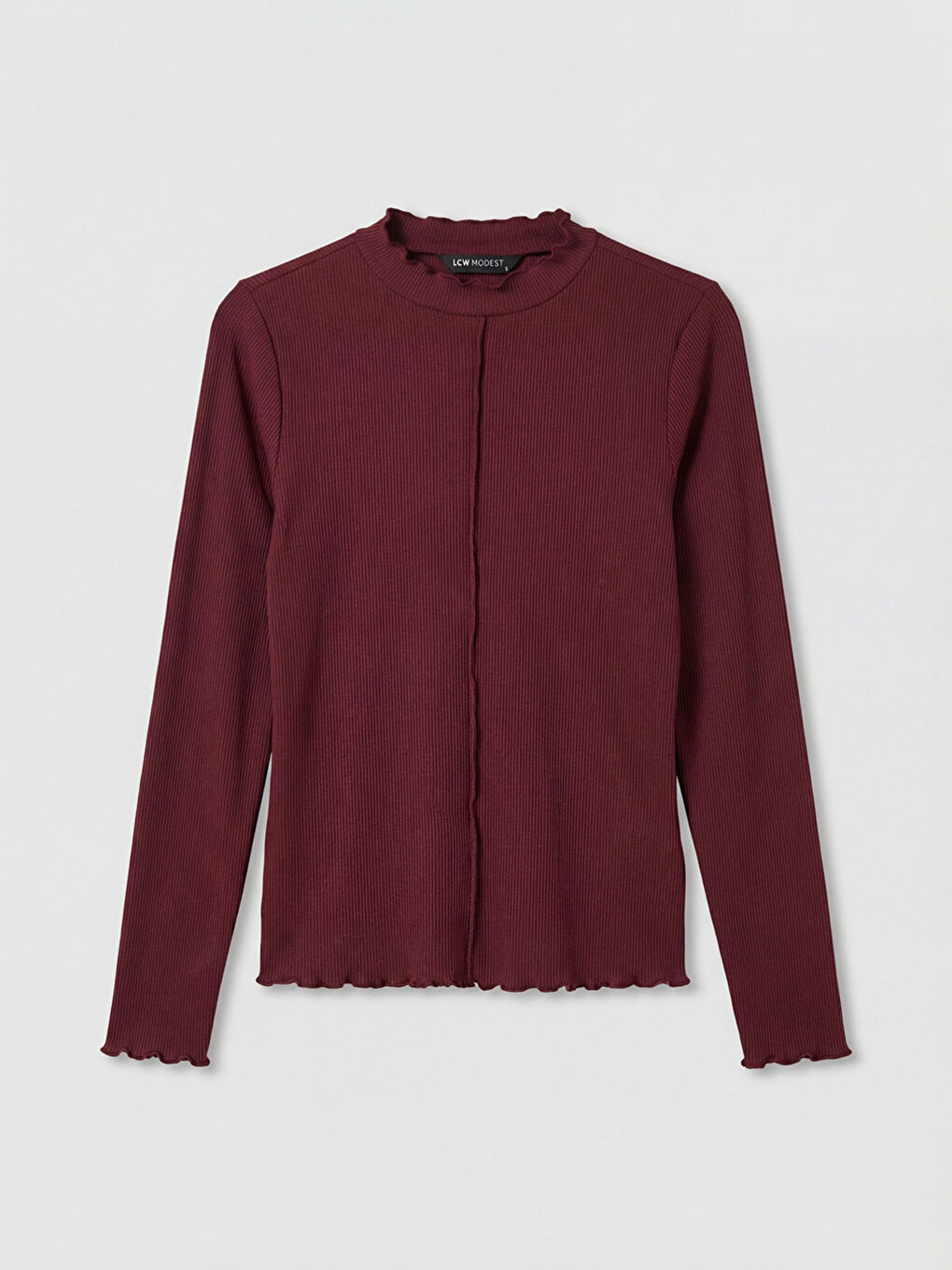 Bordo Fırfırlı Dik Yaka Kadın Body-4