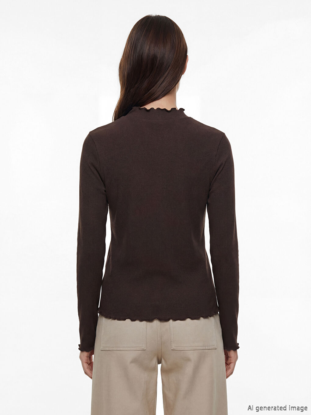 Kahverengi Fırfırlı Dik Yaka Kadın Body-3