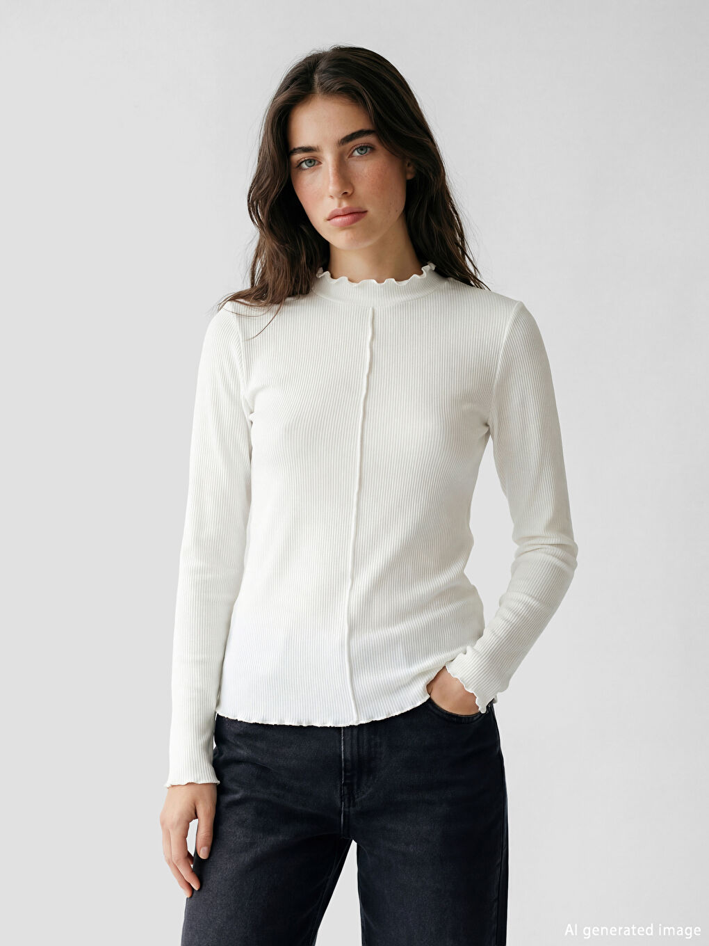 Ekru Fırfırlı Dik Yaka Kadın Body