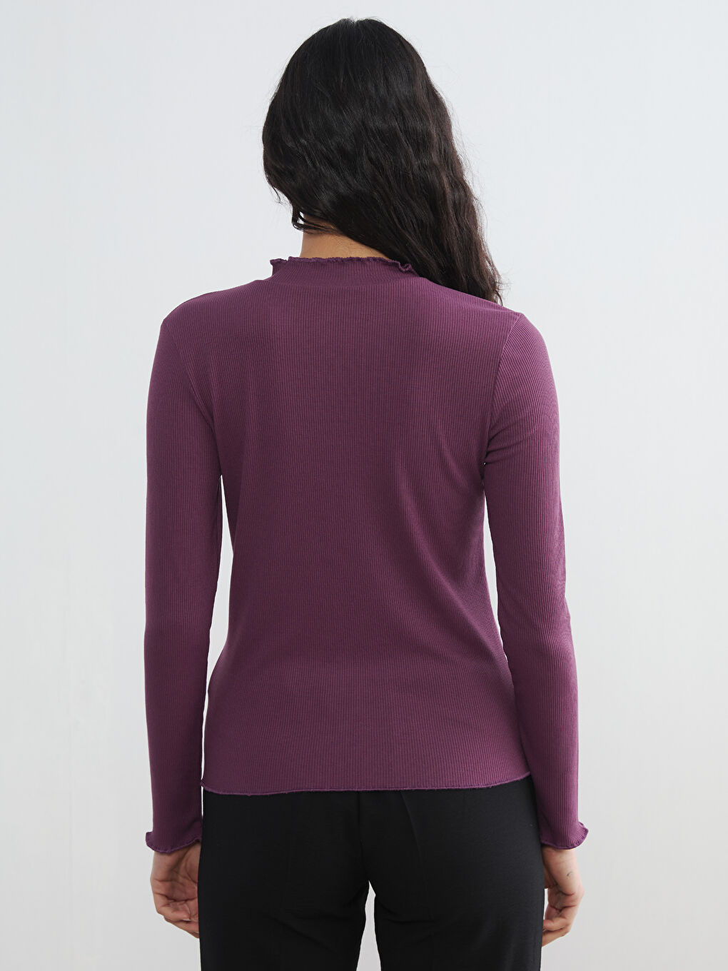 Mürdüm Fırfırlı Dik Yaka Kadın Body-3