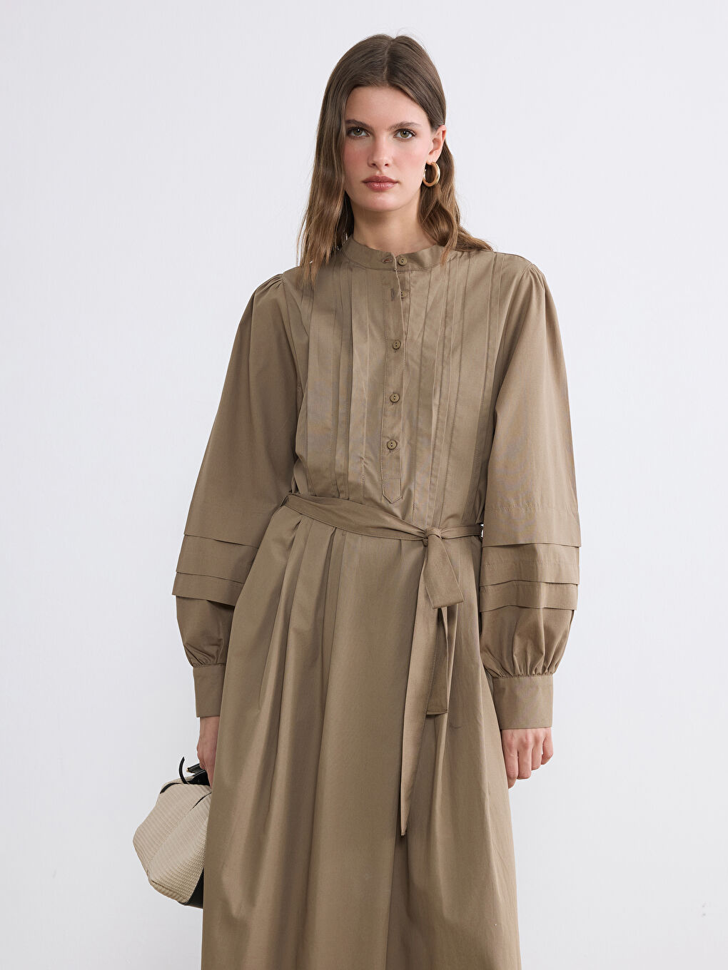 Yeşil Hakim Yaka Kuşaklı Poplin Elbise-1