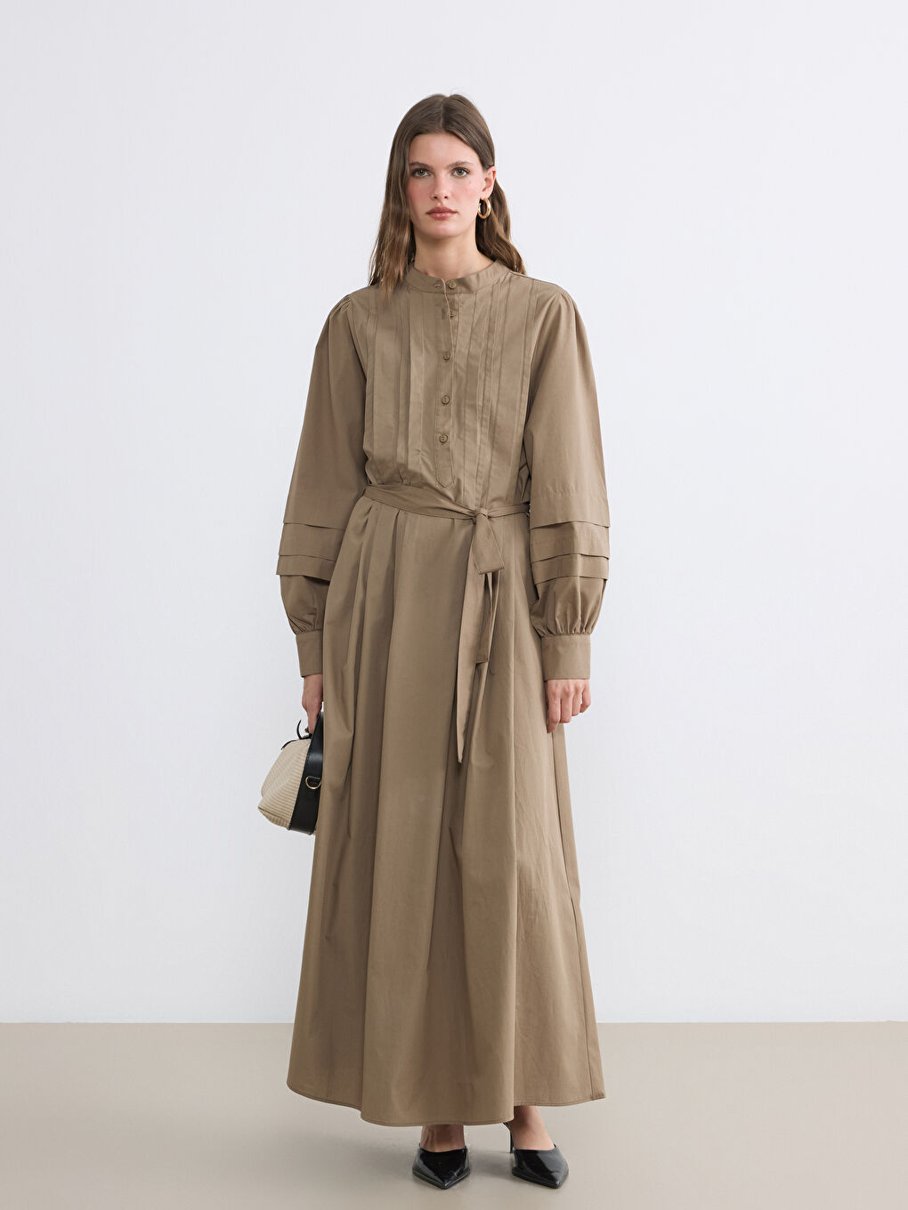 Yeşil Hakim Yaka Kuşaklı Poplin Elbise-2