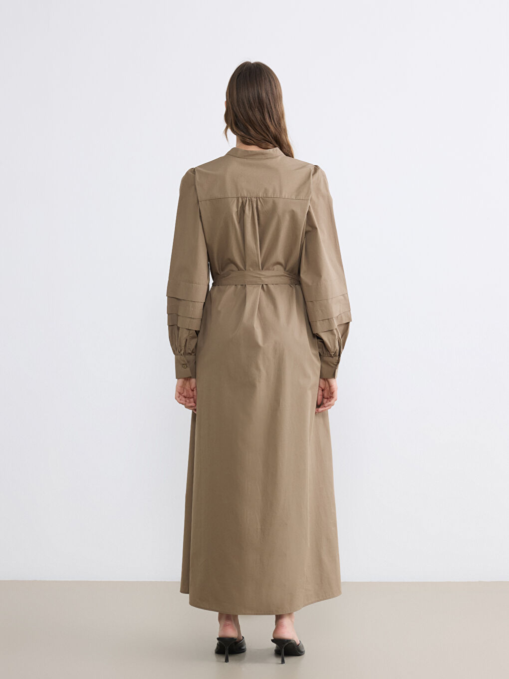 Yeşil Hakim Yaka Kuşaklı Poplin Elbise-4