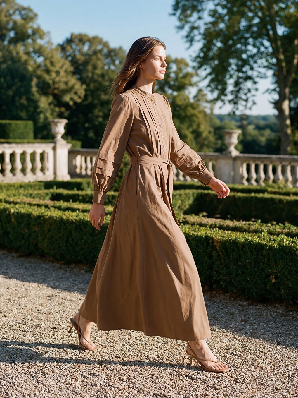 Yeşil Hakim Yaka Kuşaklı Poplin Elbise